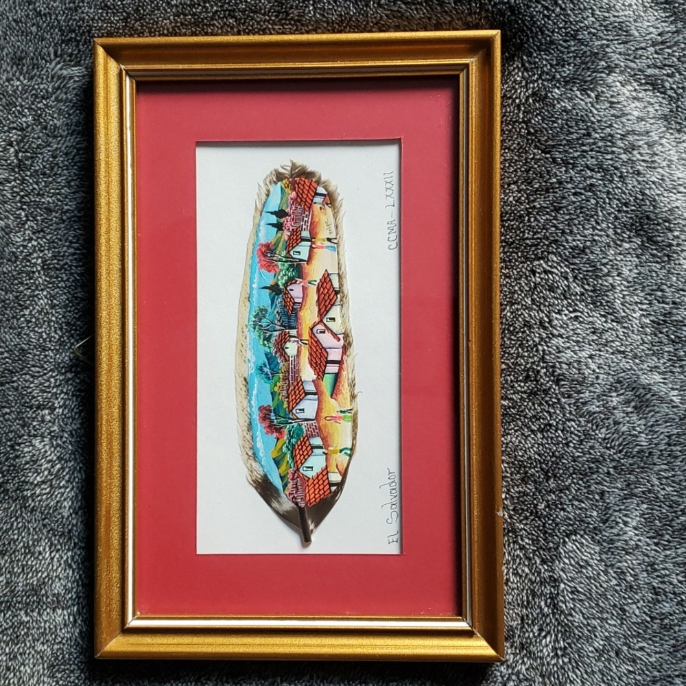 Hand Painted Feather, (El Salvador) Village signed by artist Felipe